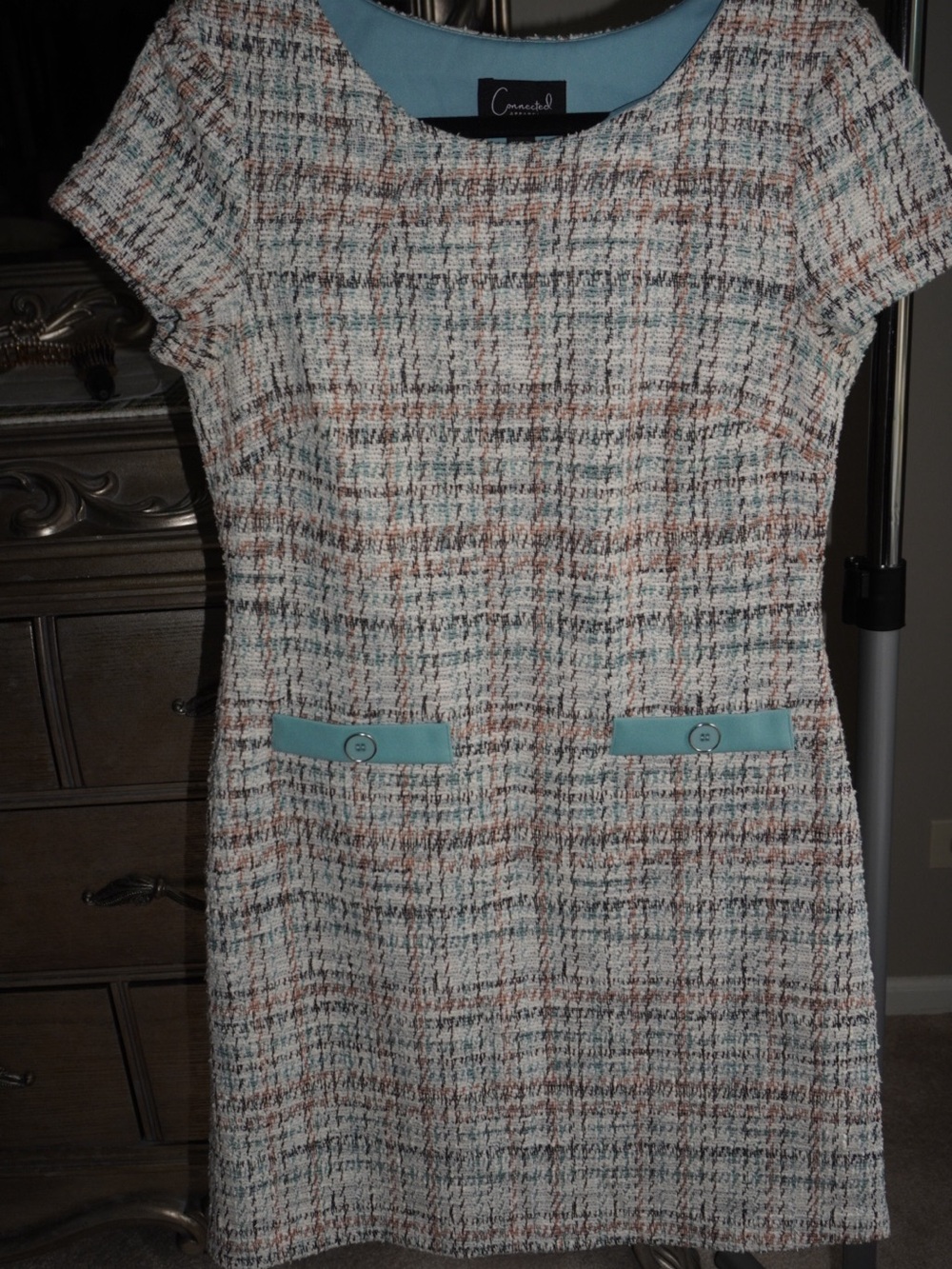 Casual Tweed Shift Dress with Contrast Trim - Light Blue